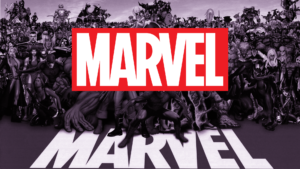 تحدي مشاهدة مارفل مع شعار Marvel وشخصيات الأبطال الخارقين